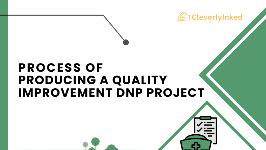 A poster featuring the title "Process of Producing a Quality Improvement DNP Project" with visuals depicting various stages of project development.